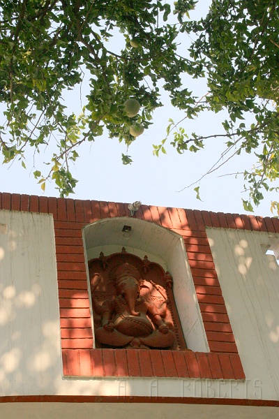 IMG_5828.JPG - I flew from Bangalore (where I'm working for a month and a bit) right to Delhi.  I stayed at a bed and breakfast in Delhi.  This is a sculpture of Lord Ganesha which sits over the doorway of my hosts house.  I really became enamored of Lord Ganesha while I was in India.  He's got an elephant's head, sometimes four arms and is the remover of obstacles among other things... how cool is that?On the way from the airport to the bed and breakfast in Delhi I saw an Elephant traveling along a highway overpass.  If it stepped on a car would that be traffic jam?